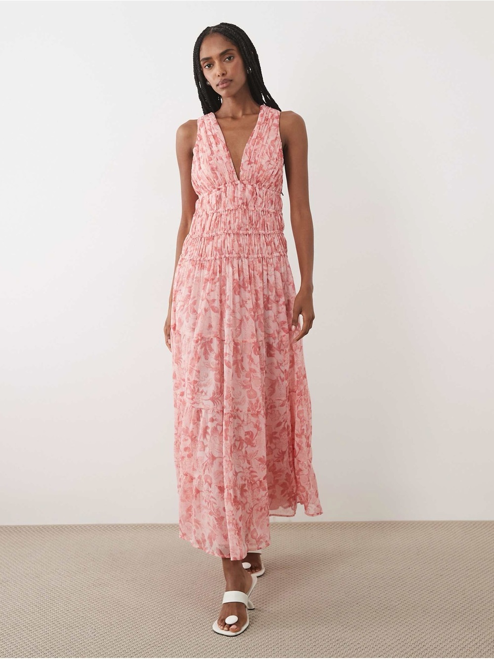 Abercrombie & Fitch v-neck flowy crinkle chiffon maxi dress in pink floral print